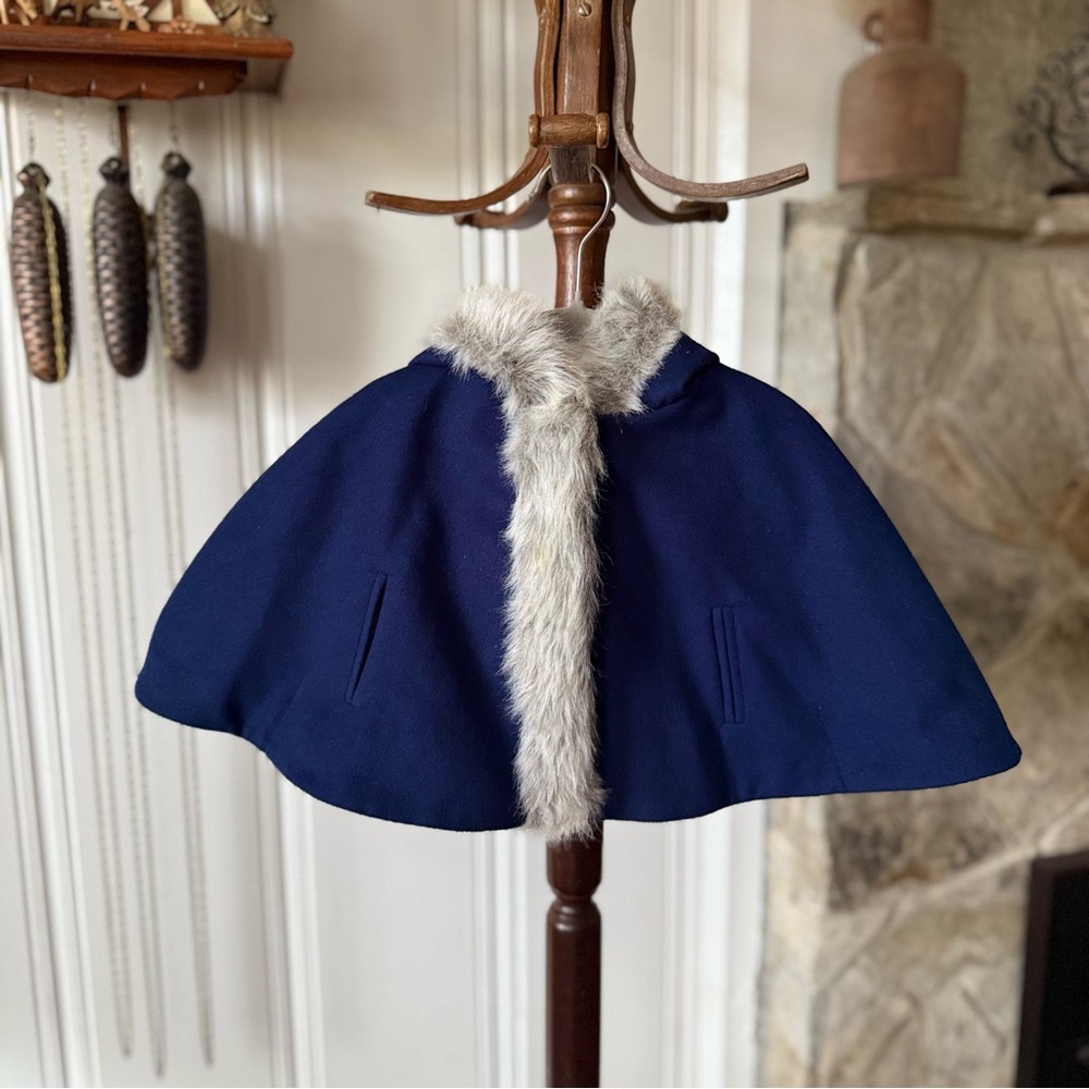 Janie and Jack Navy Blue Cape with Gray Faux Fur Trim